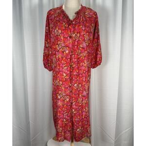 Tucker Womens Silk Floral Long Sleeve Button Up Shirt Midi Dress Red Size M
